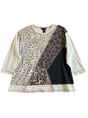 Ali Miles Womens Sz Large Patchwork Animal Print Top 3/4 Sleeve Beige/Brown